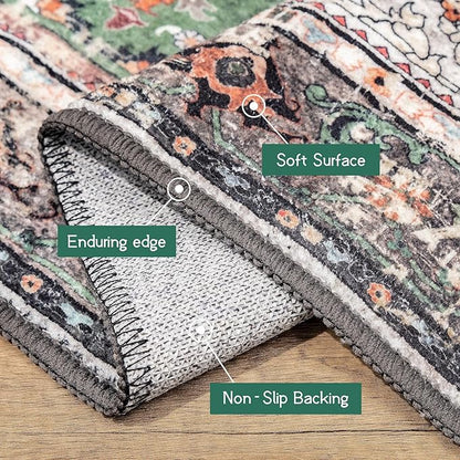 Area Rug 6x9 for Living Room Green Boho Rug Non-Slip Washable Vintage Low Pile Large Rug for Bedroom Dining Room