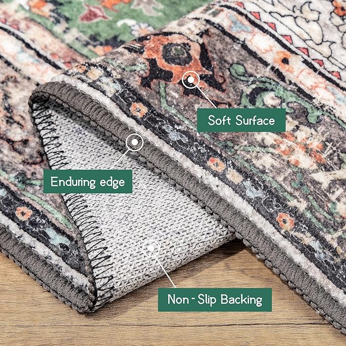 Area Rug 5x7 for Living Room Green Boho Non-Slip Washable Rug Vintage Low Pile Large Rug for Bedroom Dining Room