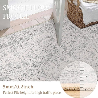 Grey Round Area Rug 3ft Entryway Door Mat Small Circle 3x3 Kitchen Vintage Carpet Non Slip Indoor Bedroom Washable Distressed Floral Retro Accent Throw Rug Office Bathroom