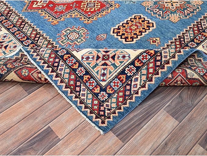 Cerulean Blue Special Kazak with All Over Pattern Natural Dyes Pure Wool Hand Knotted Oriental Densely Woven Rug(9'x11'8")