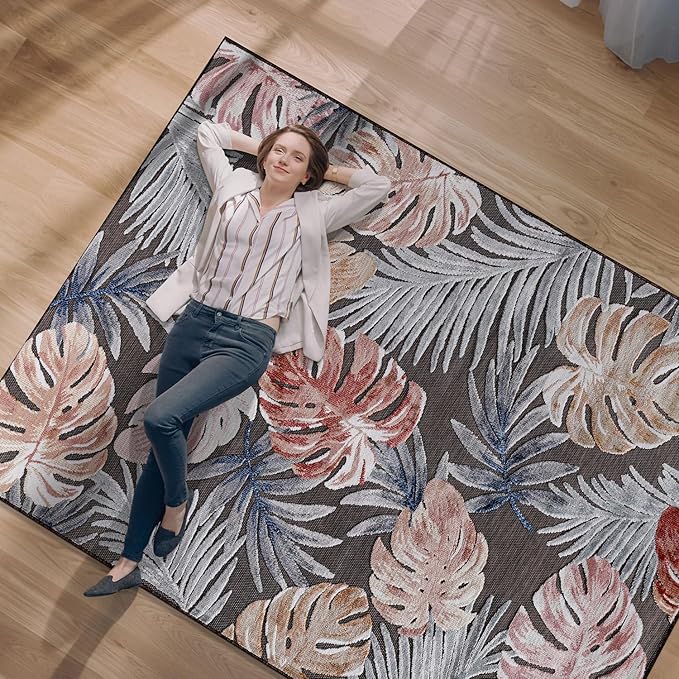 CAMILSON Indoor Outdoor Rug, Brown 9’x12’ Leaf Tropical Botanical Area Rugs for Indoor and Outdoor patios, Easy-Cleaning Non-Shedding Living Room, Garden and Kitchen Washable Outside Carpet (9x12)