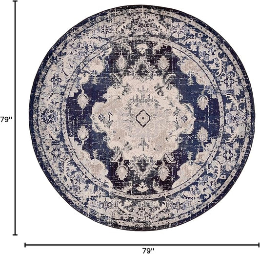 SAFAVIEH Monaco Collection Round Rug - 6'7" Round, Ivory & Navy, Traditional Design, Slip Resistant & Stain Resistant, Ideal for High Traffic Areas in Living Room, Bedroom & Dining Room (MNC243C-7R)