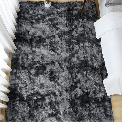 Andency Soft Area Rugs for Living Room Bedroom, 3x5 Non-Slip Fluffy Shag Carpet, Indoor Floor Fuzzy Shaggy Living Room Plush Rug for Kids Dorm Nursery Home Decor Aesthetic, Tie-Dyed Dark Grey