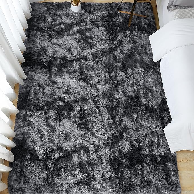 Andency Soft Area Rugs for Living Room Bedroom, 4x6 Non-Slip Fluffy Shag Carpet, Indoor Floor Fuzzy Shaggy Living Room Plush Rug for Kids Dorm Nursery Home Decor Aesthetic, Tie-Dyed Dark Grey
