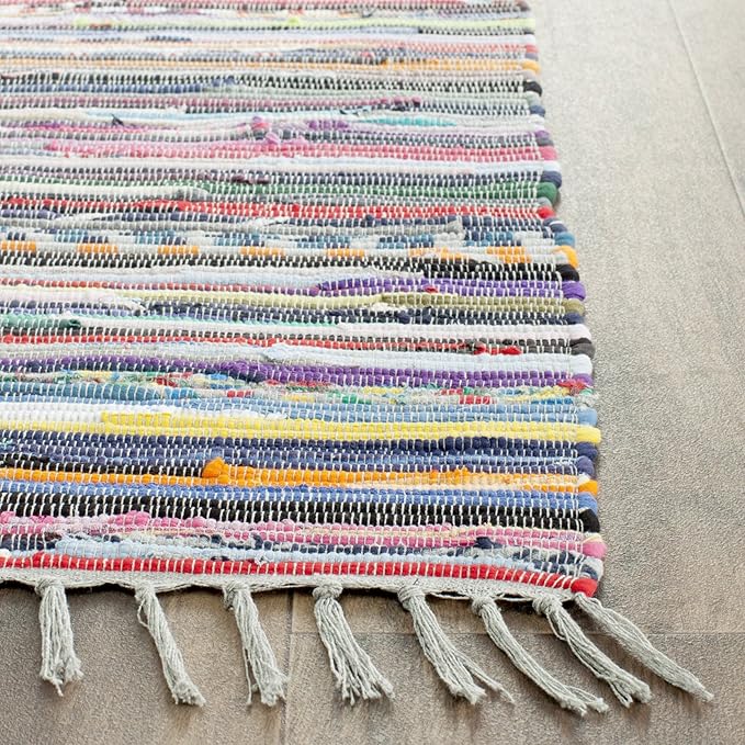 SAFAVIEH Rag Rug Collection Runner Rug - 2'3" x 10', Grey & Multi, Handmade Boho Stripe Cotton, Ideal for High Traffic Areas in Living Room, Bedroom (RAR121M)