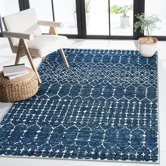 Lahome Moroccan Blue Carpet for Living Room 4x6 Area Rug Non-Slip Ultra-Thin Soft Bedroom Rug Stain Resistant Modern Carpet with Geometric Print, Suitable for Office, Kitchen, Entryway, Dining Room
