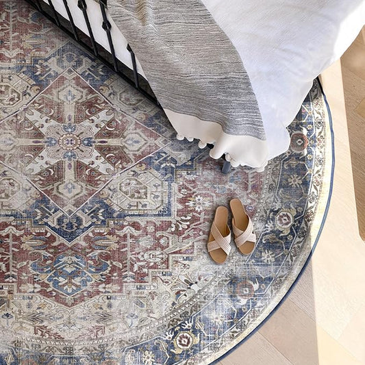 RUGGABLE Washable Vintage Area Rug – Kamran Royal Blue 8 ft Round, Stain-Resistant, Non-Slip – Large Machine Washable Rugs for Living Room, Bedroom, Hallway, Entryway & Office–with Standard Pad