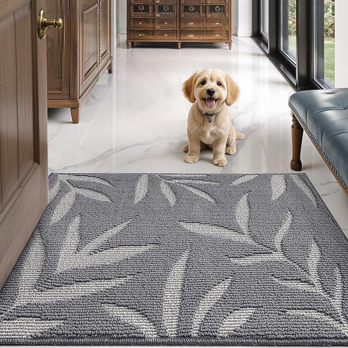 LUMI Indoor Door Mat 24x36, Washable Front Doormat with Welcome Leaf Pattern, Non-Slip Rubber Back Absorbent Mats for Entrance, Patio, Garage, Light Grey