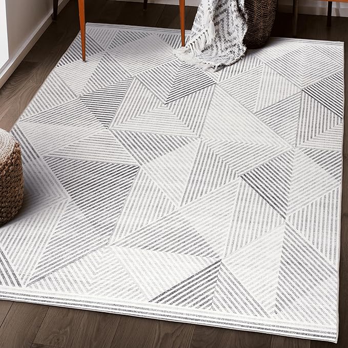 ReaLife Rugs Machine Washable Area Rug - Living Room Bedroom Bathroom Kitchen Entryway Office - Padded Low Pile Stain Resistant Premium - Modern Geometric Contemporary - Miles - Gray 4' x 6'