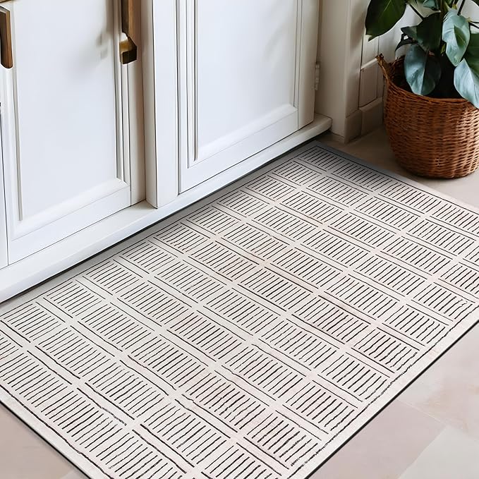 Rugshop Bohemian Stripe Lines Washable Non Slip Area Rug 2' x 4' Ivory