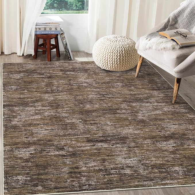 RUGSREAL Bedroom Area Rug 4x6 Modern Abstract Area Rug Stain Resistant Small Living Room Rug Contemporary Dining Room Rug Non-Slip Solid Rug Aesthetic Accent Floor Carpet for Kitchen Office, Brown