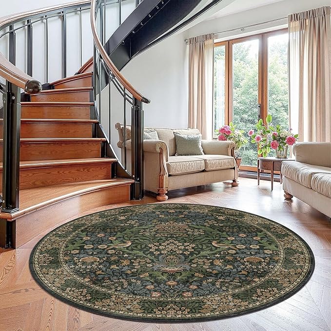 6ft Round Area Rugs for Living Room, Washable Floral Circle Rug Non Slip Low Pile, Vintage Boho Botanical Birds Throw Carpet for Farmhouse, Bedroom, Dining Room, Retro Gold/Green