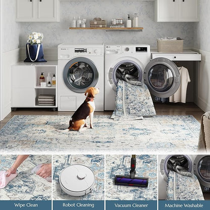 jinchan Kelda Runner Rug 3x10 Vintage Hallway Rug Washable Runner Retro Floor Cover Lightweight Non-Slip Low Pile Thin Distressed Carpet for Entryway Bathroom Laundry Room Bedroom Stairway Blue