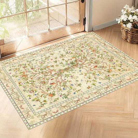 Door Mat Entryway Rug 2x3, Machine Washable Non-Slip Small Area Rug, Boho Floral Low Pile Throw Rugs for Entrance, Front Door, Entry, Kitchen, Kids Room（Beige）