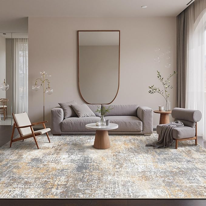 Bavni 9x12 Area Rugs Machine Washable Rug for Living Room, Modern Printed Rug Indoor Soft Area Rug for Bedroom Dining Room, Ultra-Thin Low Pile Carpet with Non Slip Rubber Backing, Ocher Gray