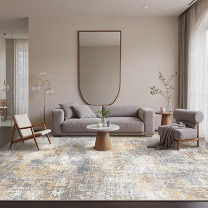 Bavni 9x12 Area Rugs Machine Washable Rug for Living Room, Modern Printed Rug Indoor Soft Area Rug for Bedroom Dining Room, Ultra-Thin Low Pile Carpet with Non Slip Rubber Backing, Ocher Gray
