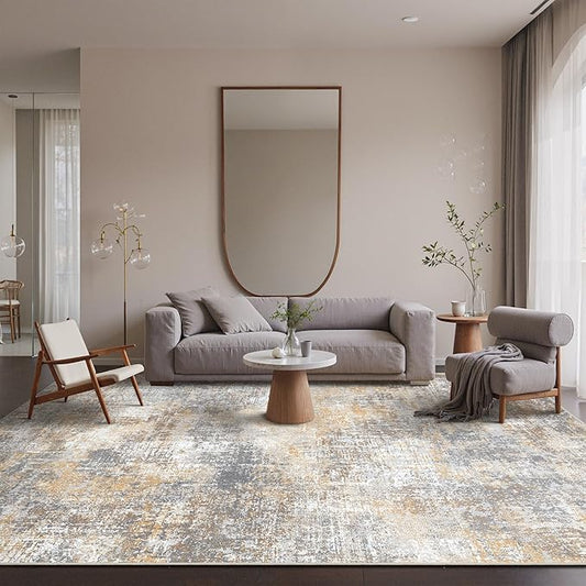 Bavni 9x12 Area Rugs Machine Washable Rug for Living Room, Modern Printed Rug Indoor Soft Area Rug for Bedroom Dining Room, Ultra-Thin Low Pile Carpet with Non Slip Rubber Backing, Ocher Gray