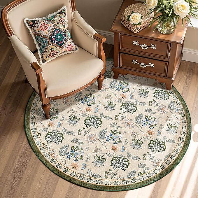 jinchan Elora 4ft Floral Round Rug for Entryway Washable Kitchen Rug Vintage Romance Design Non Slip Indoor Doormat Lightweight Low-Profile Throw Carpet for Living Room Dining Room, Green/Beige