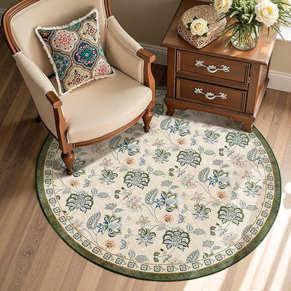 jinchan Elora 4ft Floral Round Rug for Entryway Washable Kitchen Rug Vintage Romance Design Non Slip Indoor Doormat Lightweight Low-Profile Throw Carpet for Living Room Dining Room, Green/Beige