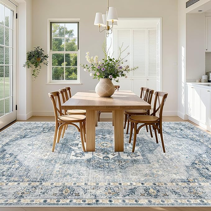 8x10 Area Rugs Washable Rugs for Living Room, Large Vintage Boho Rug Non-Slip Soft Floral Distressed Rug Low Pile Stain Resistant Carpet for Bedroom Nursery Office Dining Room Farmhouse(Blue, 8'x10')