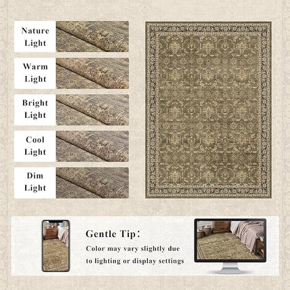 Washable Area Rug 6x9 Brown Rugs for Living Room, Vintage Boho Large Rug for Bedroom Dining Room Office, Distressed Floral Print Carpet for Under Table, Soft Non Slip Low Pile Throw Carpet Indoor Mat