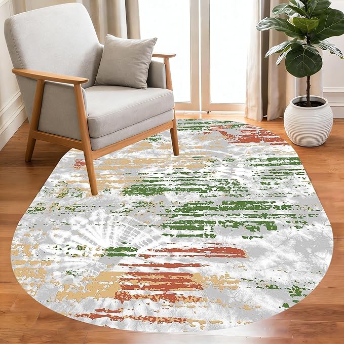 Distressed Abstract Art Aesthetic Deco Indoor Oval Rugs 12x15 for Living Room Bedroom Dining Room Soft Non Skid Easy Clean Big Carpet Nursery Dorm Farmhouse Rustic Grey Green Tie-Dye Texture Area Rug