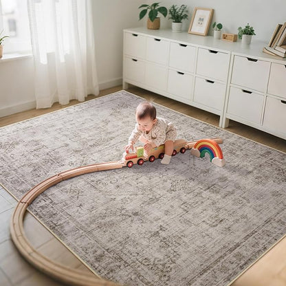 6x9 Washable Area Rug for Living Room, Non-Slip Distressed Rugs for Bedroom Dinning Room, Ultra-Thin Indoor Non-Shedding Vintage Print Carpet for Farmhouse, Home Office, Dorm Light Taupe/Cream