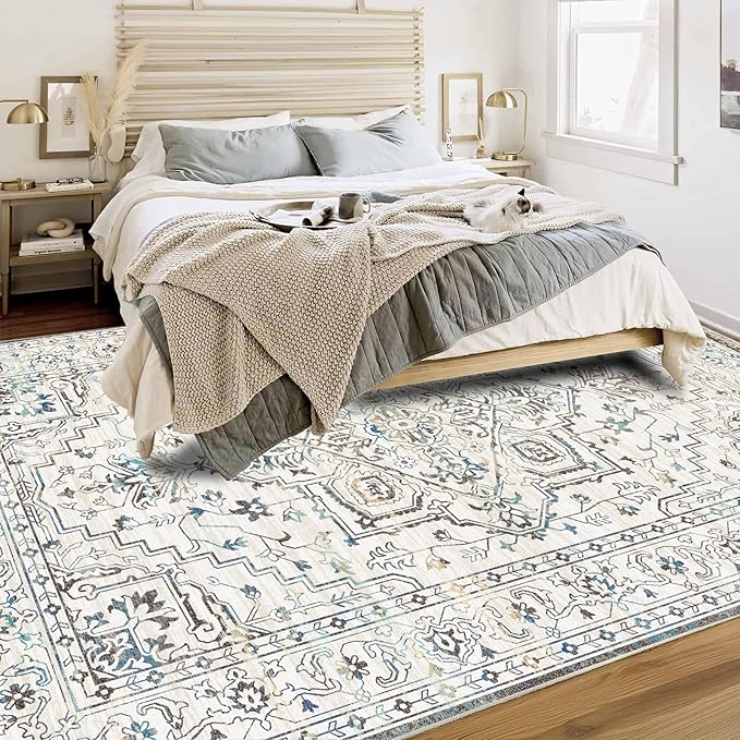 Enkor Area Soft Rugs 6x9 Washable Non Slip Boho Floor Rugs for Living Room Bedroom, Vintage Style Farmhouse Mat for Kitchen Entryway White & Grey