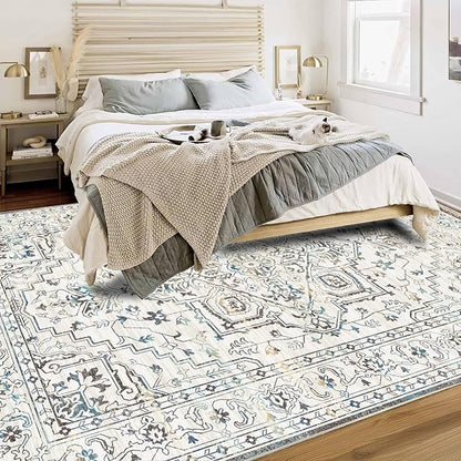 Enkor Area Soft Rugs 6x9 Washable Non Slip Boho Floor Rugs for Living Room Bedroom, Vintage Style Farmhouse Mat for Kitchen Entryway White & Grey