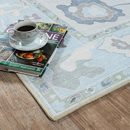 Fame Living Cream Blue Oushak Rug, Modern, Vintage, Turkish, Eclectic, Floral, Pastel, Washable, Area Rugs for Living Room, Dining, Bedroom, Office, Entryway, Foyer, Playroom, Nursery, 5'x6'9"