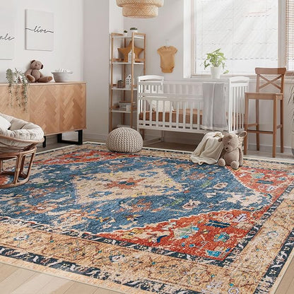 Area Rug 5x7 Washable Rug, Vintage Boho Medallion Rugs Non-Slip Soft Low Pile Large Distressed Rug Indoor Retro Carpet for Living Room Bedroom Dining Room Home Office (Tribal Medallion/Multi, 5'x7')