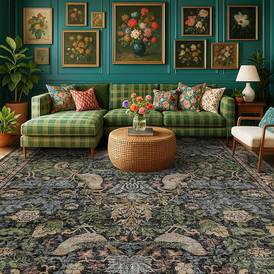 Botanical Brown Rug for Living Room - Washable 10x12 Area Rug for Dining Room Under Table, Extra Large Bedroom - Boho Bird Farmhouse Decor, Soft Low PileNon-Slip & Stain Resistance