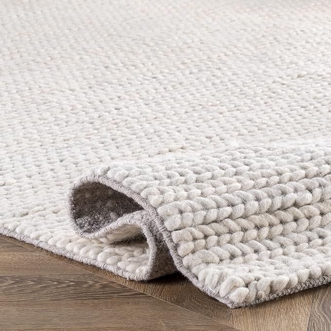 nuLOOM 8 Square Penelope Wool Braided Handmade Area Rug, Off White, Solid Rustic Farmhouse Style, For Bedroom, Living Room, Hallway, Entryway