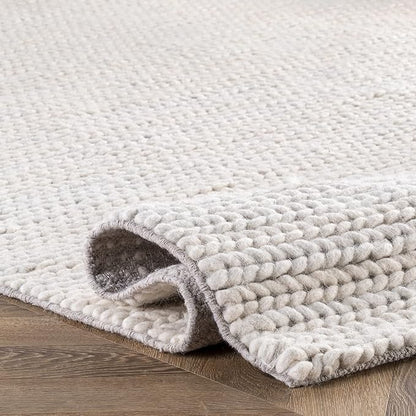 nuLOOM 8 Square Penelope Wool Braided Handmade Area Rug, Off White, Solid Rustic Farmhouse Style, For Bedroom, Living Room, Hallway, Entryway