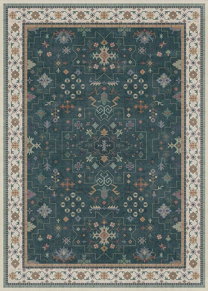 Dark Green Oushak 5x7 Living Room Rug - Modern Vintage Boho Eclectic Floral Pastel, Washable Low Pile Non-Slip Large Area Rugs for Nursery Dining Under Table Bedroom Lounge