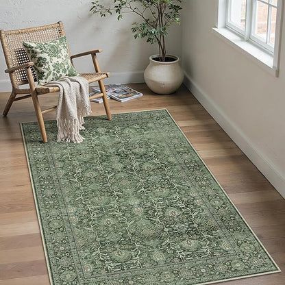 Green Area Rug 4x6 Washable Office Entryway Carpet Soft Vintage Indoor Kitchen Living Room Door Mat Traditional Retro Distressed Thicker Throw Small Rug Bedroom Dining Room Bathroom