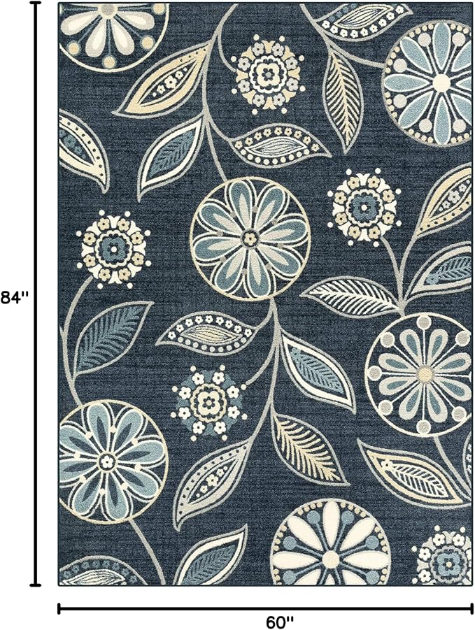 Maples Rugs Reggie Floral Area Rug - Made in USA - Low Pile, Non Slip, Pet-Friendly Mat for Living Room, Bedroom, and Office, 5' x 7', Persian Blue