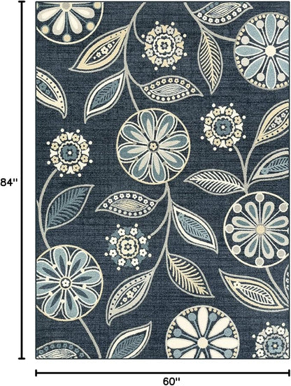Maples Rugs Reggie Floral Area Rug - Made in USA - Low Pile, Non Slip, Pet-Friendly Mat for Living Room, Bedroom, and Office, 5' x 7', Persian Blue