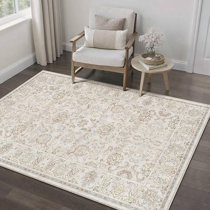 HUGEAR 3x5 Machine Washable Area Rugs Vintage Grey - Neutral Non Slip Stain Resistant Low Pile Aesthetic Throw Carpet Kids & Pet Friendly for Living Room Kitchen Dining Room Laundry