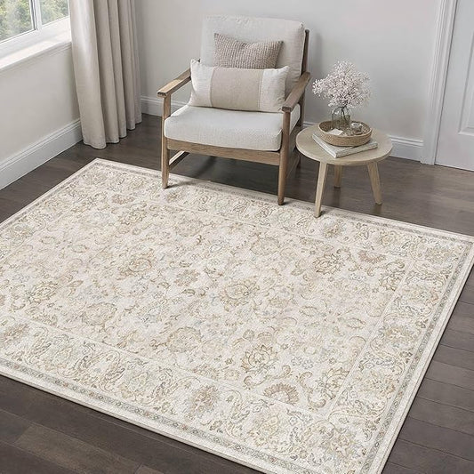 HUGEAR 3x5 Machine Washable Area Rugs Vintage Grey - Neutral Non Slip Stain Resistant Low Pile Aesthetic Throw Carpet Kids & Pet Friendly for Living Room Kitchen Dining Room Laundry