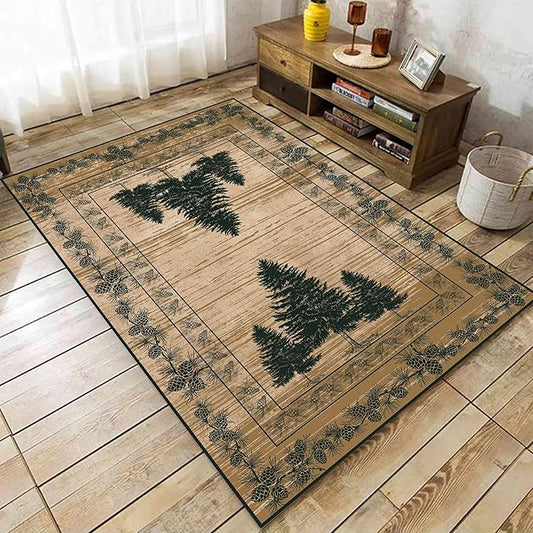 UNREASTO Country Cabin Area Rug 4x5ft Rustic Nature Forest Pine Cone Pine Tree Plant Vintage Home Decor Floor Rug Non-Slip Easy Clean Lodge Rug for Living Room Bedroom Entry Office Hardwood Floor