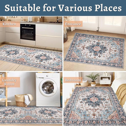 Tangsoo 8x10 Area Rug for Living Room, Washable Vintage Indoor Non Slip Large Area Rugs, Print Distressed Blue/Beige Carpet, Soft Low Pile Foldable Floor Rug for Bedroom Dining Room Dorm