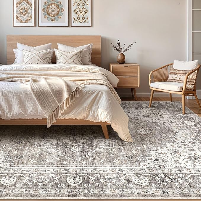 8x10 Area Rugs Living Room: Washable Boho Large Neutral Vintage Soft Rug Stain Resistant Farmhouse Non-Slip Indoor Rustic Floor Carpet for Bedroom Nursery Kids Playroom Office Dining Room- Dark Brown