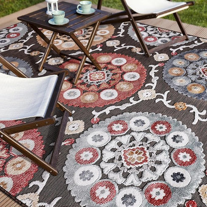 CAMILSON Indoor Outdoor Rug 9x12 Bohemian Medallion Floral Area Rugs for Indoor and Outdoor Patios Easy-Cleaning Non-Shedding Living Room Garden and Kitchen Washable Outside Carpet (9 x 12 / Brown)