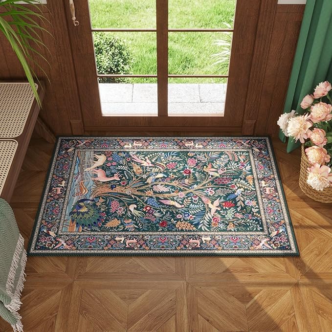 Rugcomf Indoor Door Mat 2x3 Rug Vibrant Tree of Life-Patterned Vintage Machine Washable Small Area Rug Non-Slip Low Pile Throw Rugs for Entryway Kitchen Front Door Entrance Entry Kids Room, Green
