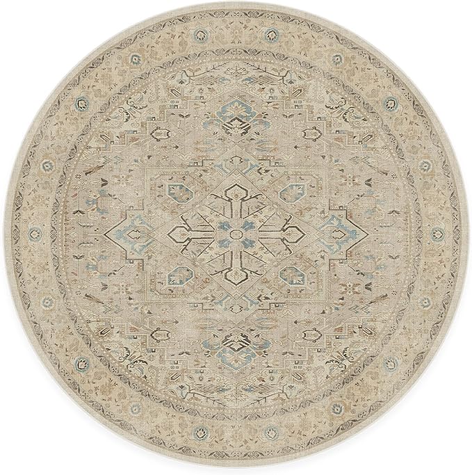 RUGGABLE Washable Vintage Area Rug – Kamran Ivory Opal 6 ft Round, Stain-Resistant, Non-Slip – Medium Machine Washable Rugs for Living Room, Bedroom, Hallway, Entryway & Office–with Standard Pad