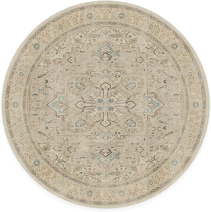 RUGGABLE Washable Vintage Area Rug – Kamran Ivory Opal 6 ft Round, Stain-Resistant, Non-Slip – Medium Machine Washable Rugs for Living Room, Bedroom, Hallway, Entryway & Office–with Cushioned Pad