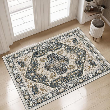 EnHomee 3x5 Washable Area Rugs for Bedroom, Boho Vintage Rugs, Foldable Area Rug for Dining Room, Non-Slip Soft Living Room Rug, Low Pile Large Carpet for Bathroom, Blue and Brown