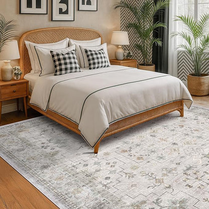 Boho Light Grey Living Room Rug 7x10 - Modern Vintage Eclectic Floral Pastel Neutral Taupe, Washable Low Pile Non-Slip Large Area Rugs for Dining Under Table Bedroom Lounge