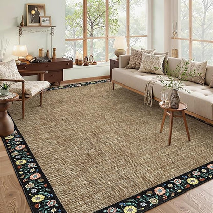 GarveeHome Washable Living Room Rug 9x12 Floral Bordered Area Rugs Soft Thin Indoor Carpet for Bedroom Modern Throw Aesthetic Mat Non Slip Stain Resistant Carpet for Dining Room Office, Brown
